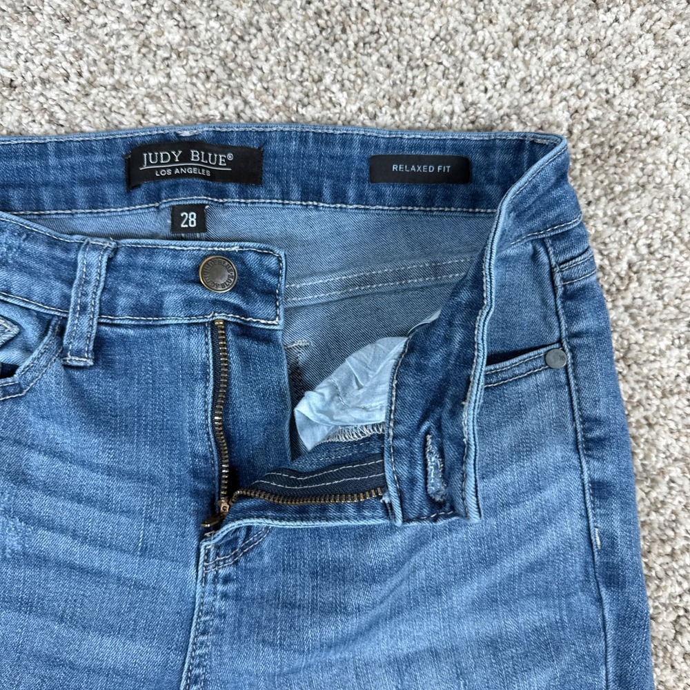Judy Blue Jeans Womens 28 Relaxed Fit Distressed Ripped Knee Medium Blue Painted - Picture 9 of 13